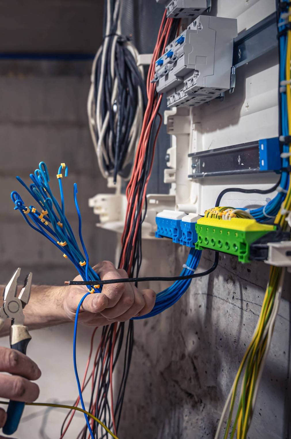 A male electrician works in a switchboard with an electrical connecting cable.